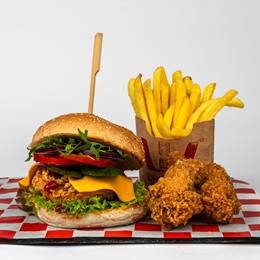 Burger + 5 skrzydełek + frytki